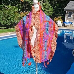 Scarf Handcrafted Wool and silk NWT 64x14"  Fall Oranges  Brown Blues Unique